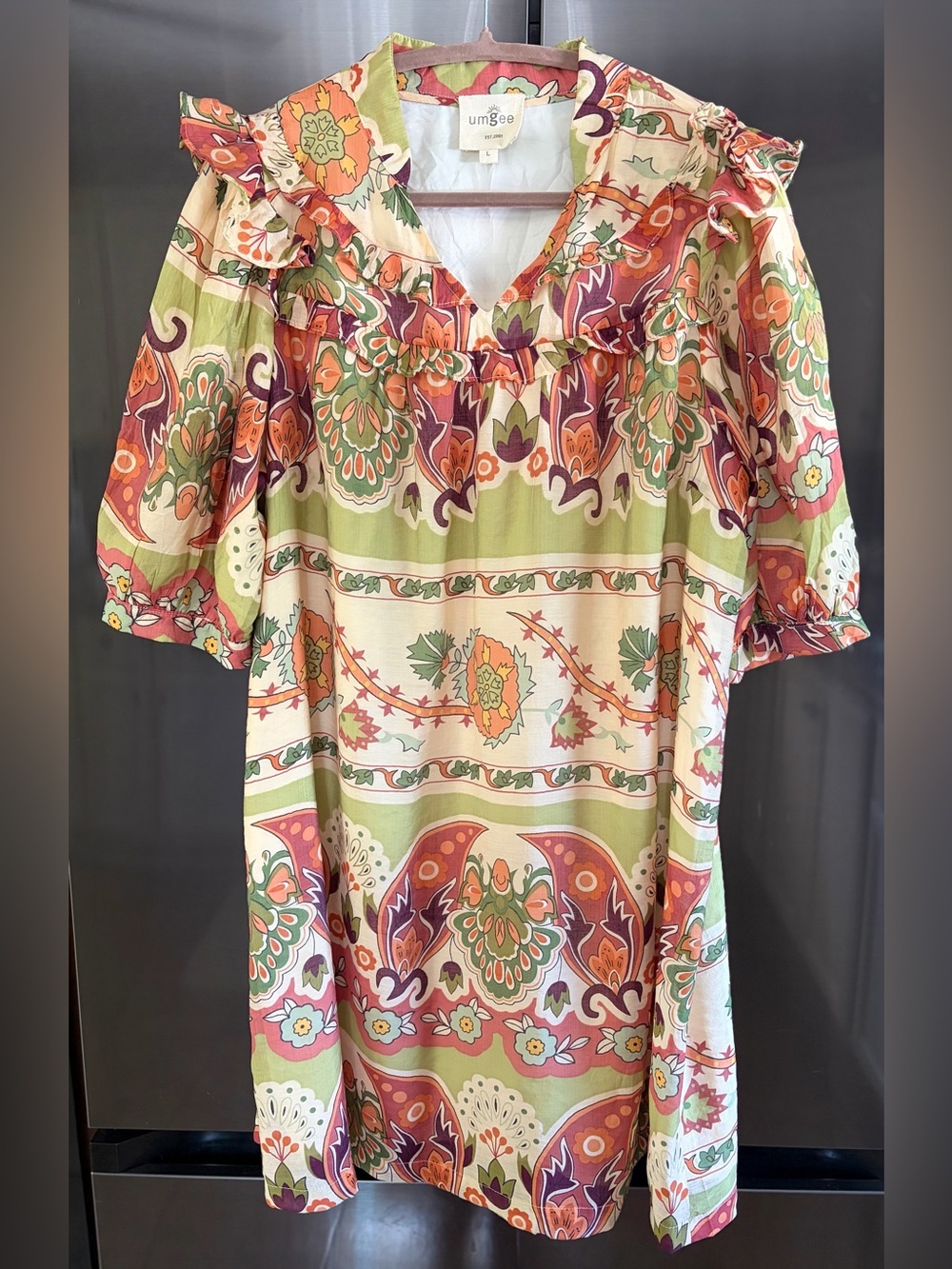 Umgee Boho Floral Ruffle Volume Sleeve A-Line Summer/Fall Midi Dress EUC Sz L/XL